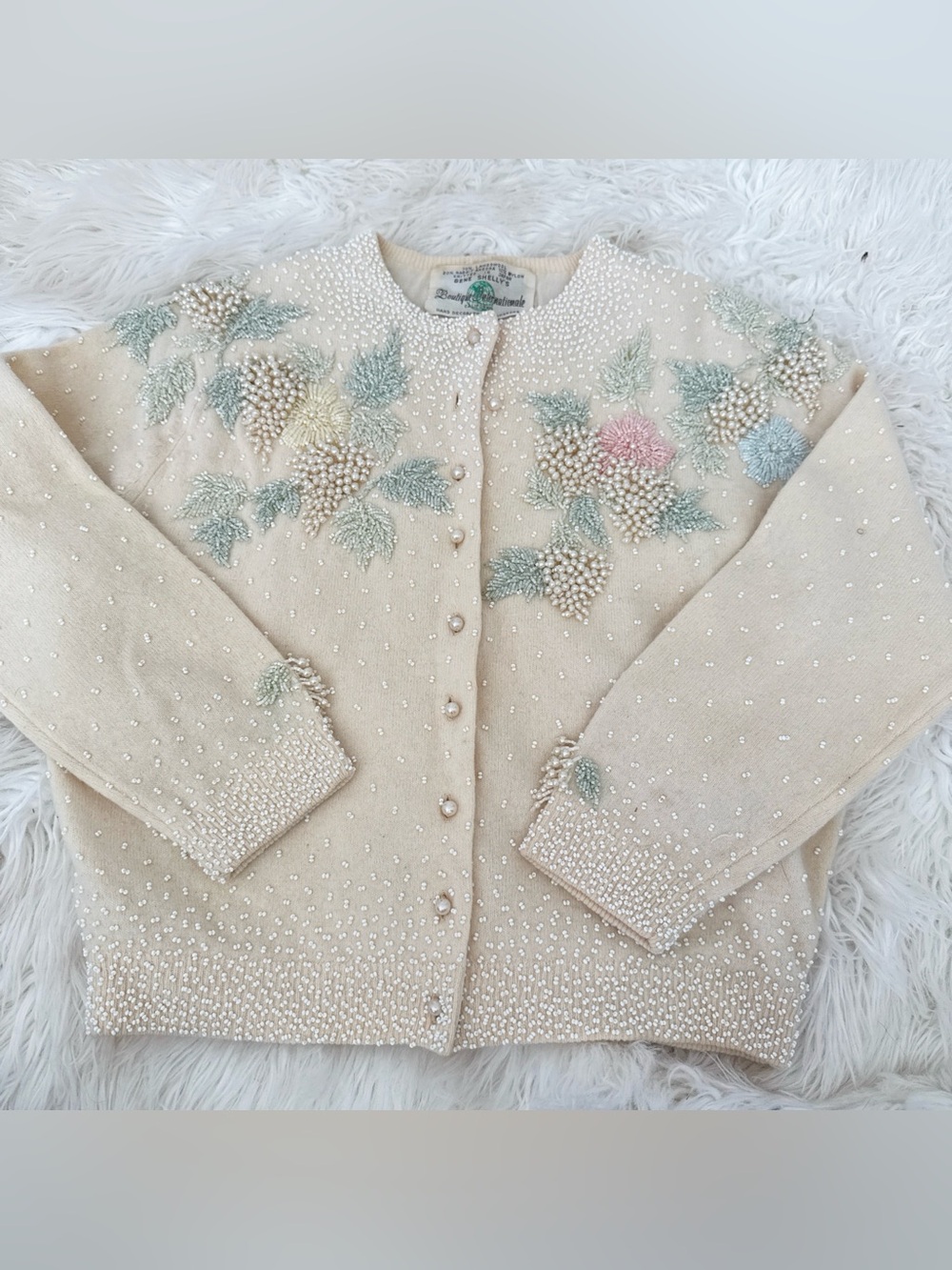 Vintage Embellished Cream Floral Bead-Detail Cardigan